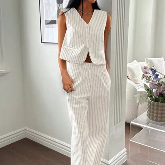 White Casual Women's Sleeveless Top And Long Pants Two-Piece Set - Picture 4 of 7